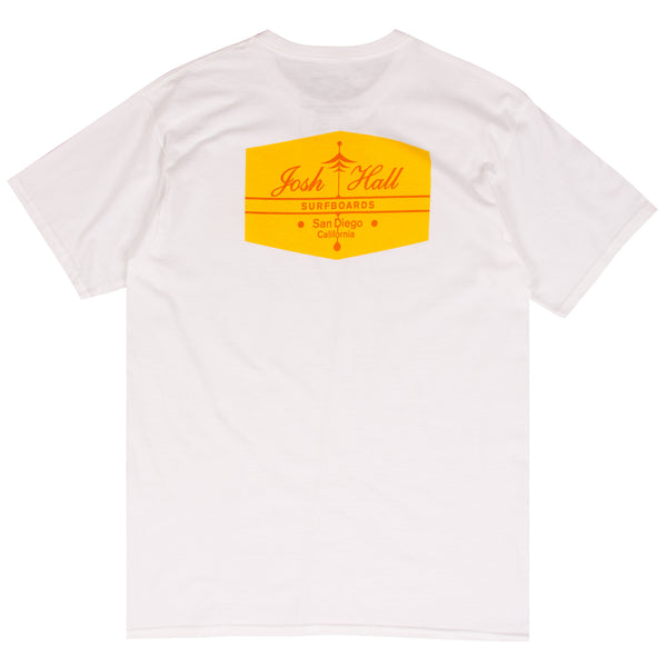 Josh Hall white surf t-shirt designed by Thomas Campbell