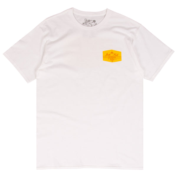 Josh Hall white surf t-shirt designed by Thomas Campbell