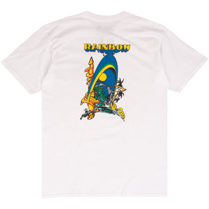 Rainbow Surfboards white surf t-shirt designed by Bill Ogden