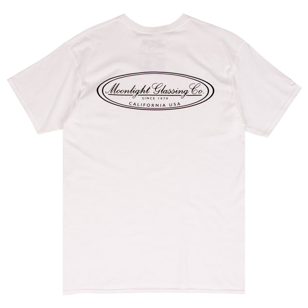 Moonlight Glassing Co. white surf t-shirt design